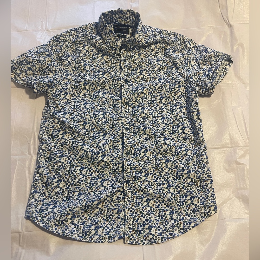 Denim & Flower Ricky Singh Shirt Mens M Cream Blue Short Sleeve Cotton preppy